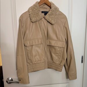 French Connection Large Faux Leather Jacket with Shearling Collar